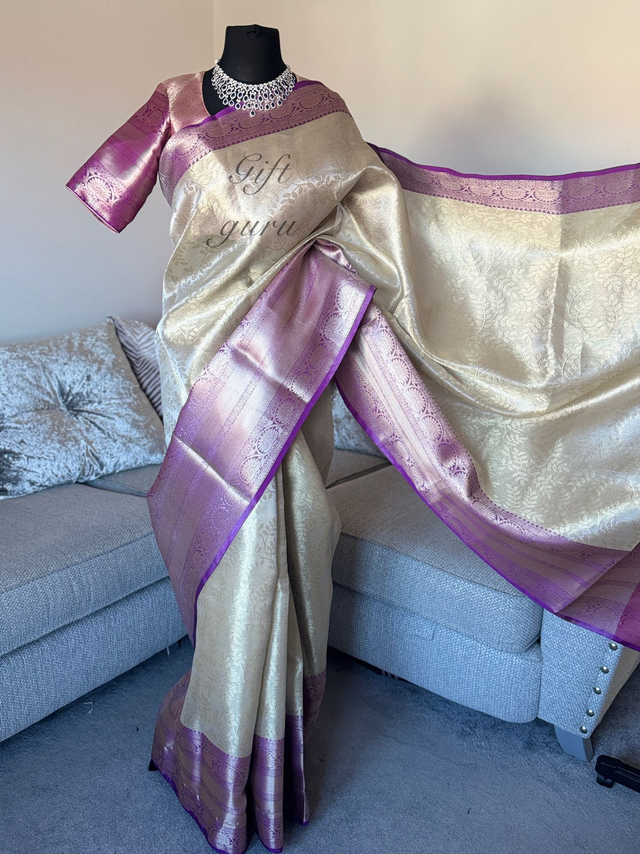 Semi Katan Silk Saree – Light Gold with Half White &amp; Lavender Border 
