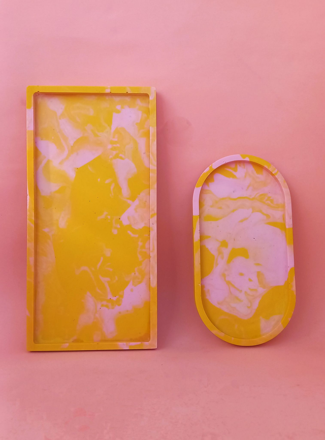 Taca prostokątna, długa, podstawka na przekąski, świece, akcesoria, marble, rózowo-musztardowa