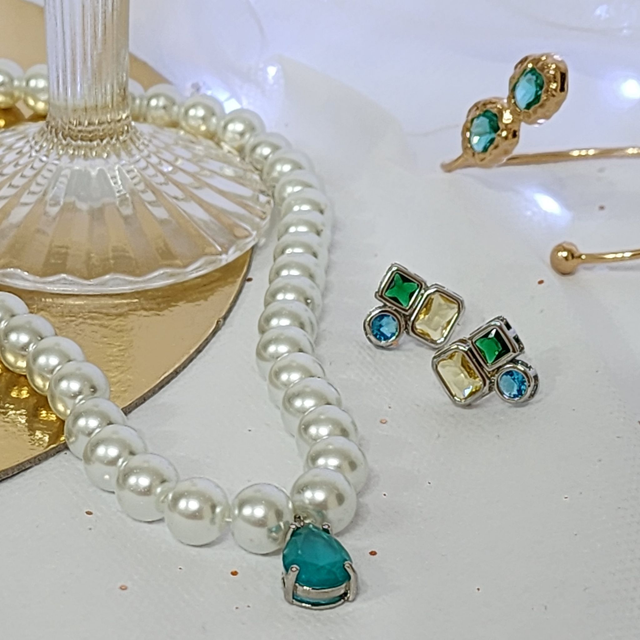 Colar Perola com gota Turquesa Ródio