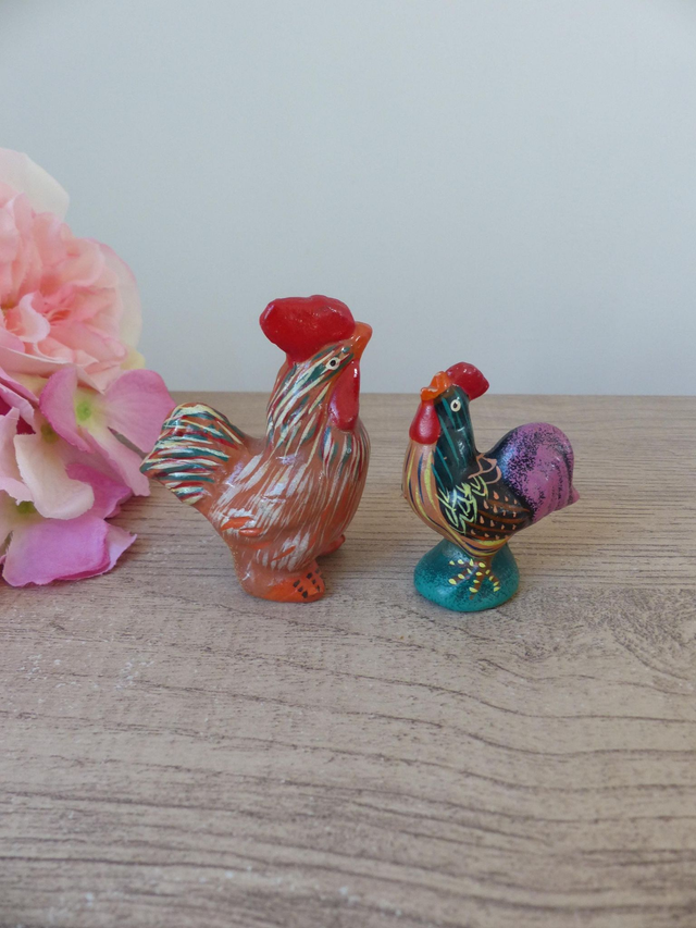 Figurines poule coq miniatures en poterie, poulets en argile peints à la main vintage, collection, artisanat, décoration maison de campagne