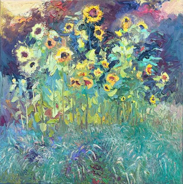 „Insel der zarten Sonnenblumen“ – Öl auf Leinwand, 100 × 100 cm, 2024 | Island of Delicate Sunflowers