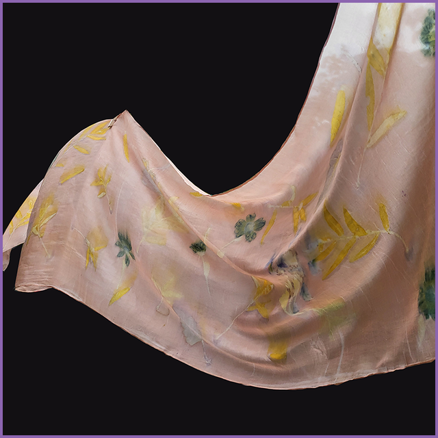 100% Silk Scarf - 180cm x 45cm - eco printed with willow and heuchera leaves and african daisy and pelargonium flowers
