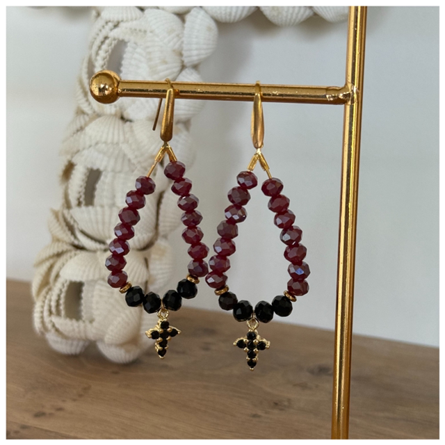 Boucles d’oreilles croix - bordeaux et noir 