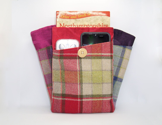 Padded Book Sleeve Embroidered Scottish Thistle and Wool Tartan with Pocket, Medium Sized Foam Padded Linen Book Protector Pouch, iPad sleeve