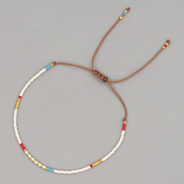 Seed Bead Boho Bracelet -White, Red, Blue &amp; Gold