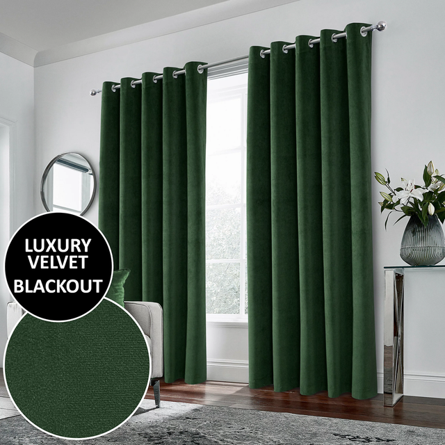 Enhanced Living Hampton Green 100% Blackout Velvet Readymade Eyelet Curtains