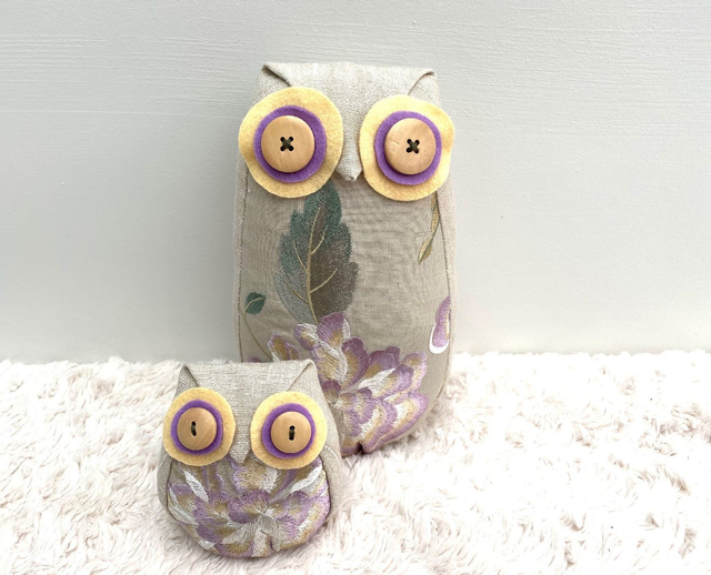 Embroidered Owl Doorstop with FREE baby Owl, Owl Ornament, Owl Bookend, Unique linen Eco Owl with Wooden Button Eyes, Made in UK, 
