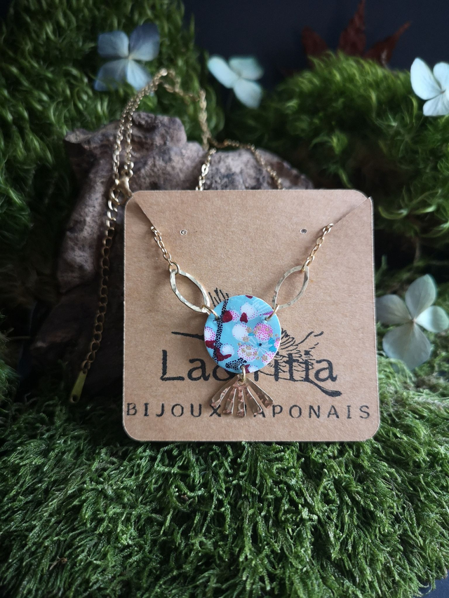 Collier - réglable - papier washi - fleurs de prunier - éventail - laiton - La&Titia