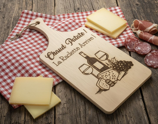 Planche à découpé gravé "Chaud Patate ! Raclette" avec votre prénom