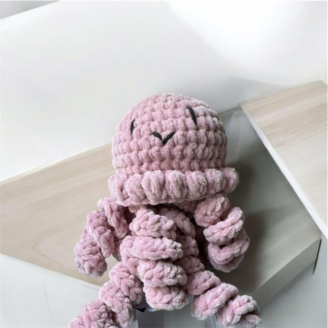 (925) Pieuvre 🐙 en laine velours (vieux rose) 24cm