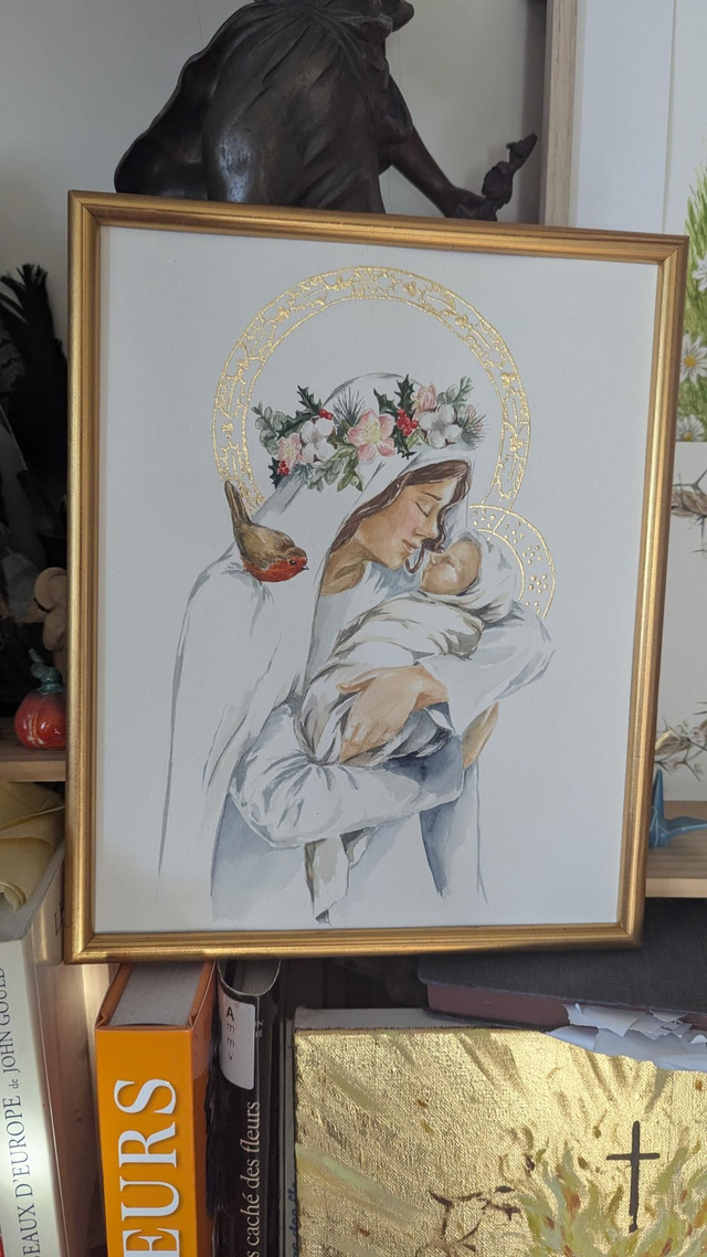 Vierge à l&#039;enfant de Noël -aquarelle 