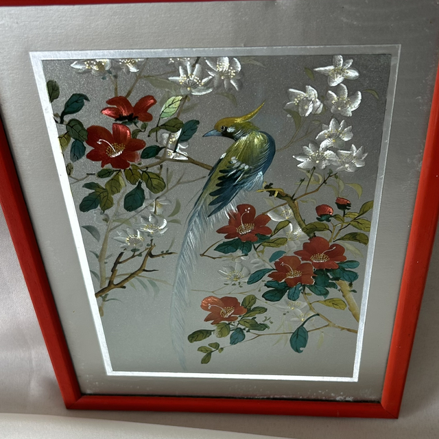 The 'Chinoiserie Bird' Vintage 1970s Chinese Foil Art – Shimmering Bird of Paradise Metallic Picture
