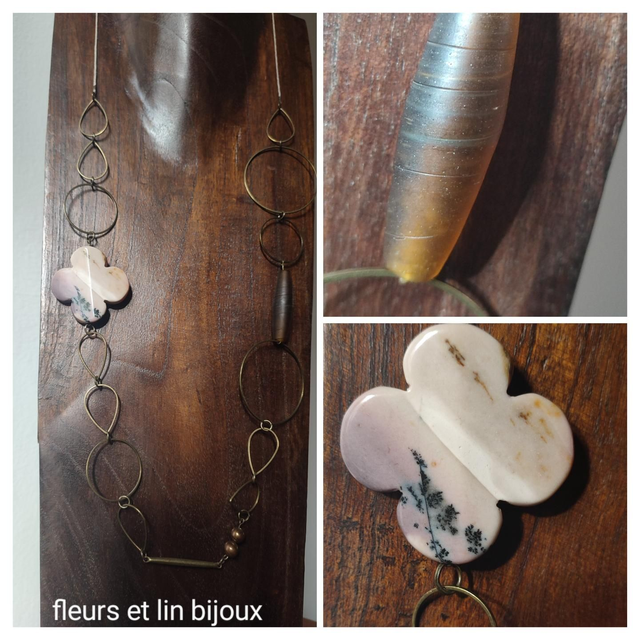 Sautoir fleur en agate ( pierres naturelles), verre mat brun doré,laiton bronze monté sur fil de lin réglable  - pièce unique 
