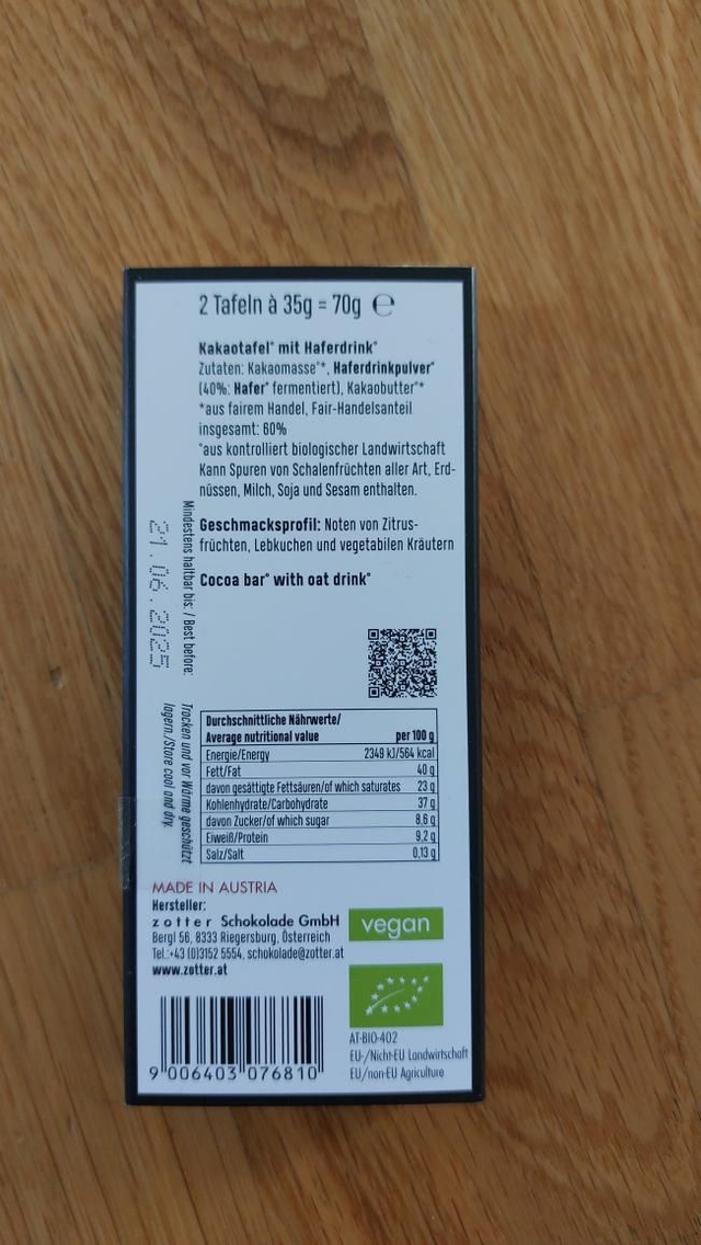 Zotter 60%/40% Oat drink vegan bar (no added sugar)