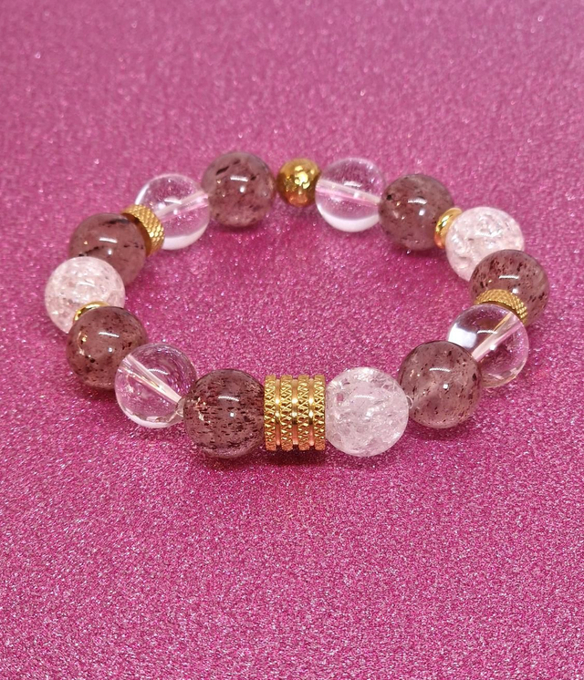Bracelet Quartz fraise et Cristal de roche XL en 1,2 cm 