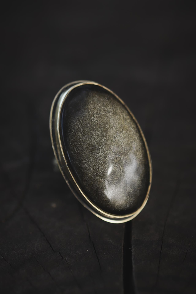 Bague obsidienne dorée réglable 