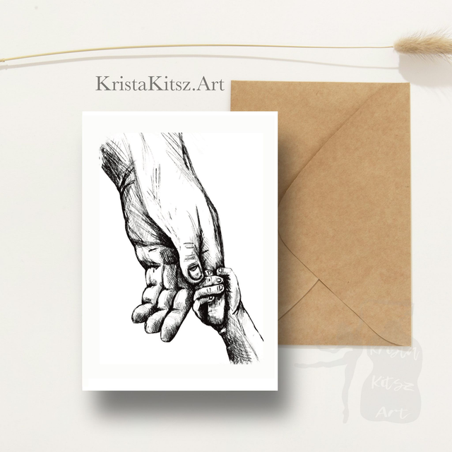 Ansichtkaart Kinder hand vasthouden, tekenkunst, inclusief envelop, van originele tekening 