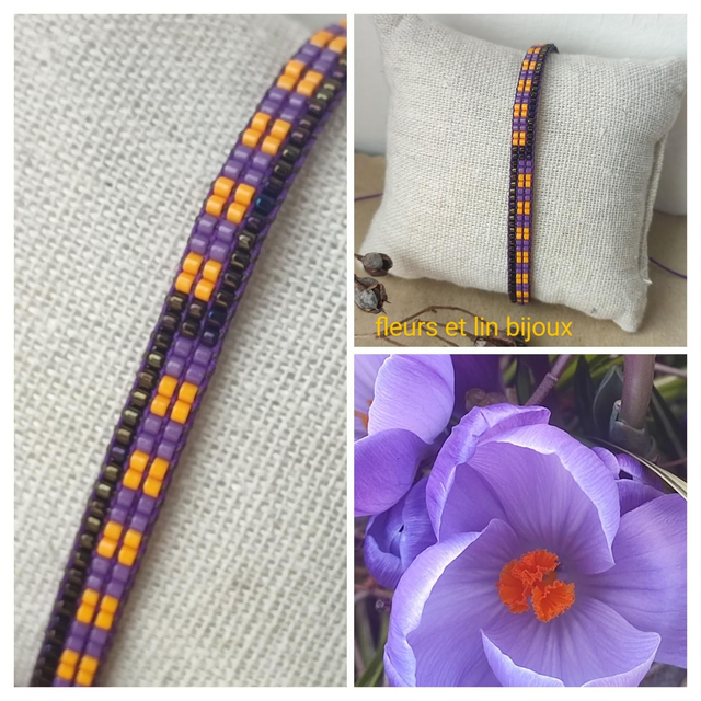 Z-Bracelet tissé main orange, violet et cuivre en perles de verre miyuki réglable sur fil de jade, pièce unique 