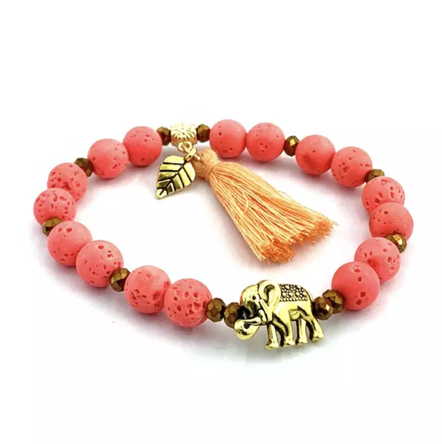 Perzik Olifant Armband Lavasteen Kwastje | Oranje Roze 