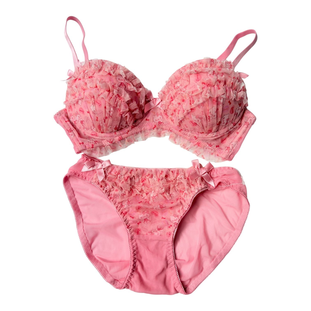 Pink frill ruffle mesh Hello Kitty bra and underwear set