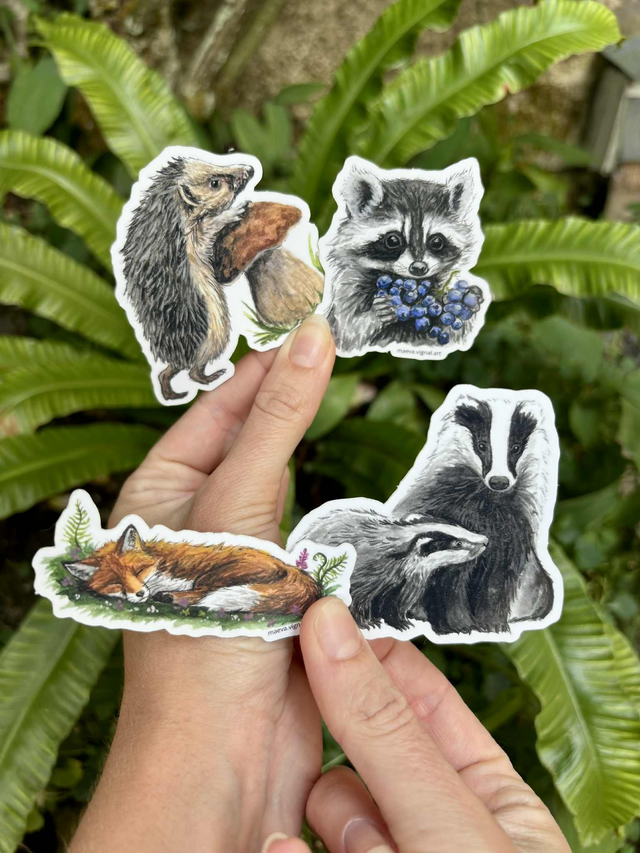 Pack de 4 Stickers - renard, blaireaux, hérisson , raton laveur 