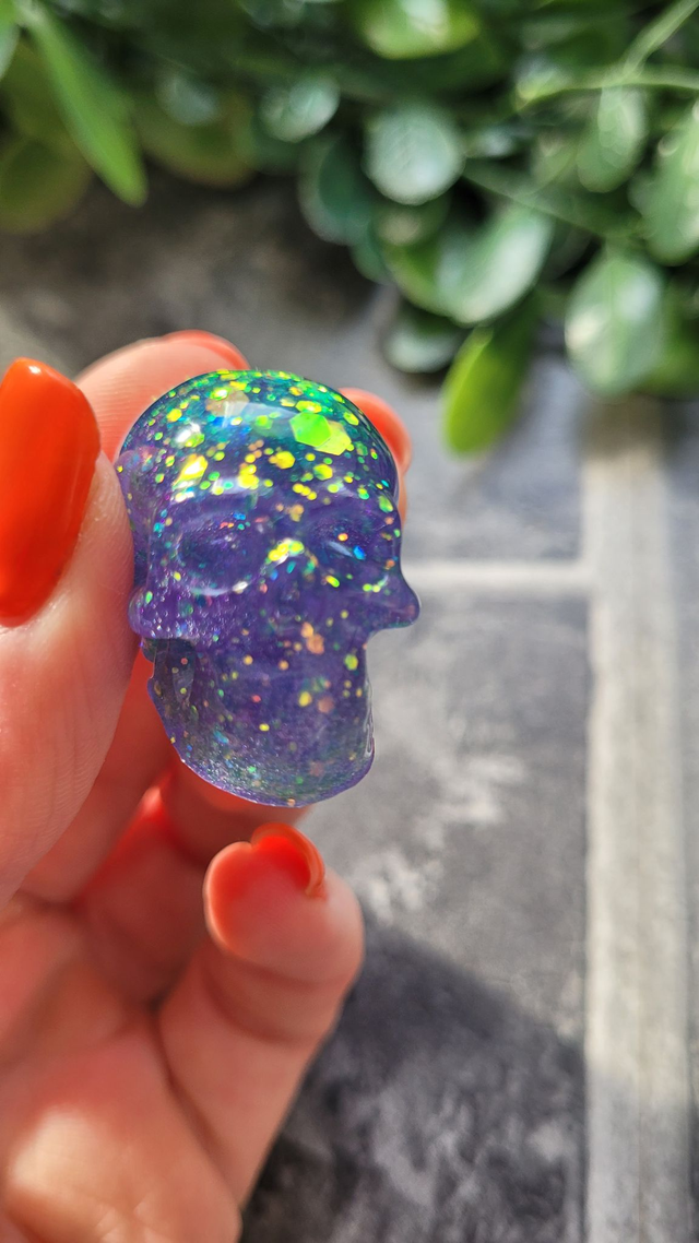 Skull Ornament - Mini - Lilac Purple with Green Holographic Glitter