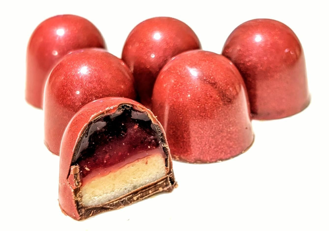 Cherry and marzipan filled, dark chocolates, box of 6