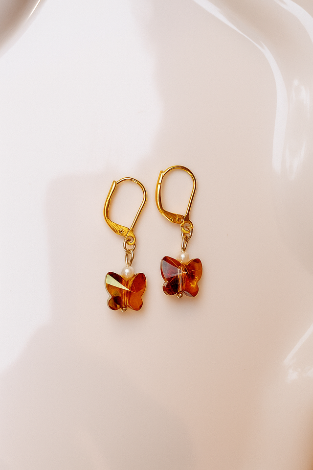 Farfalline in Swarovski su montatura di argento 925 Placcato oro 24k, Brown Fumè