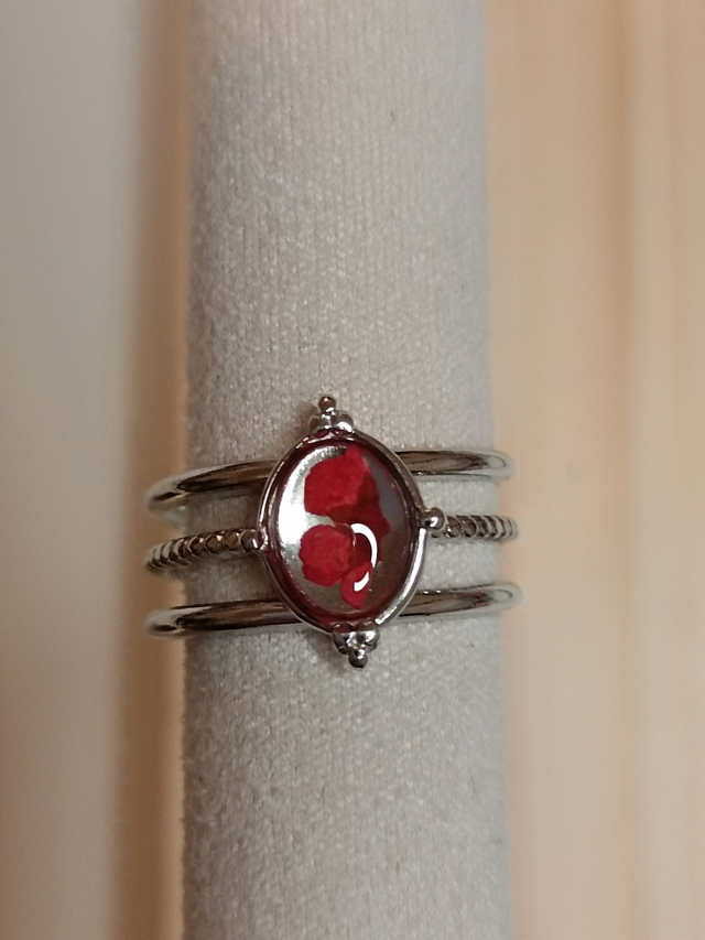 Bague Multirangs Réglable - Argent - Fleur rouge