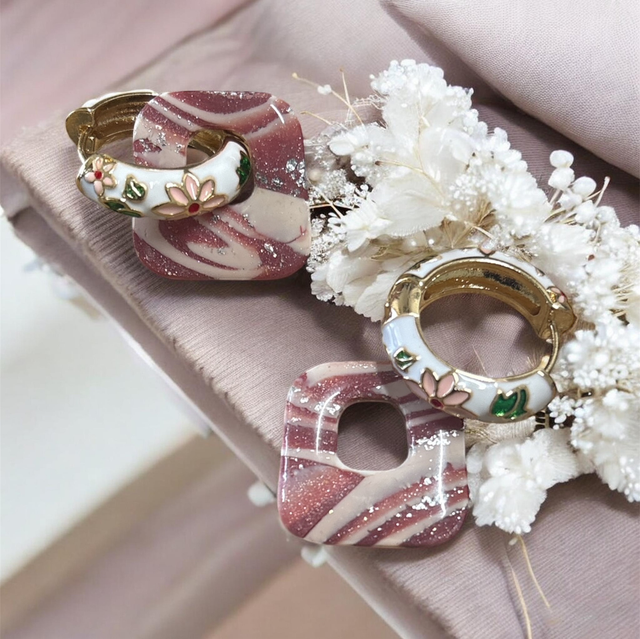 Pampilles interchangeables marbrées rose – Créoles acier inoxydable 