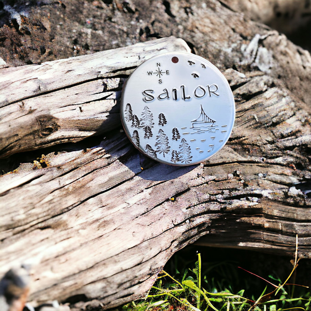Sailor - nautical themed handstamped personalised pet tag