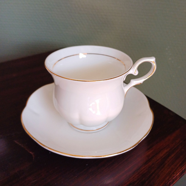 Cambridge Garden | Kop (diameter 8 | hoogte 6,5 cm) en Schotel (diameter 13 | hoogte 2 cm) Fine Bone China Wit met Goud | Vintage