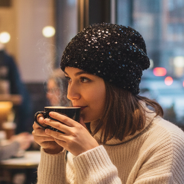 Cappello a cuffia nero invernale in lana lavorato a maglia con paillettes fatto a mano