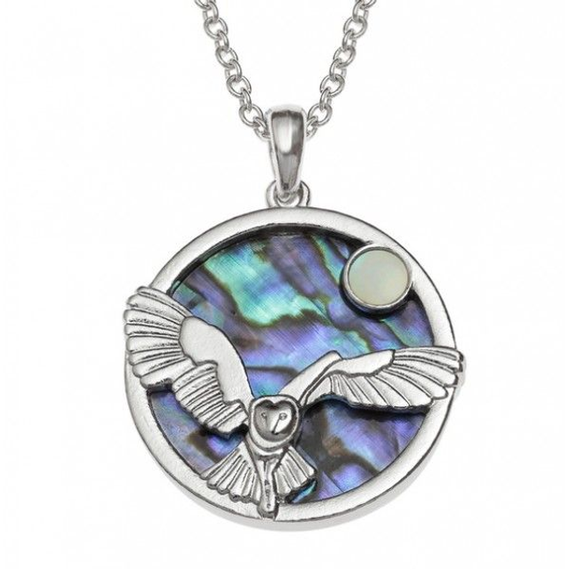 Abalone (Paua and Mother of Pearl shell) Barn Owl &amp; Moon pendant - 32mm