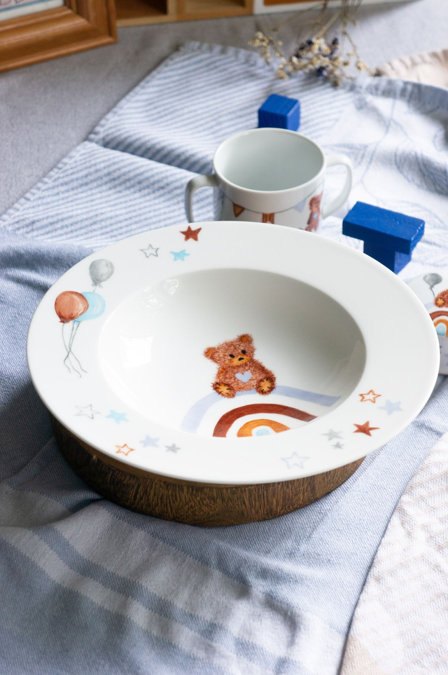 Ensemble repas et boîte à dents en porcelaine, motif ourson vintage et arc-en-ciel à personnaliser