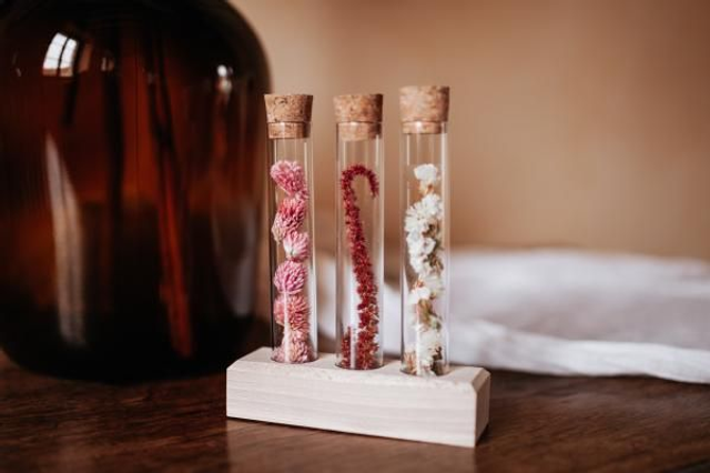 Tubes à essai fleuri sur socle bois