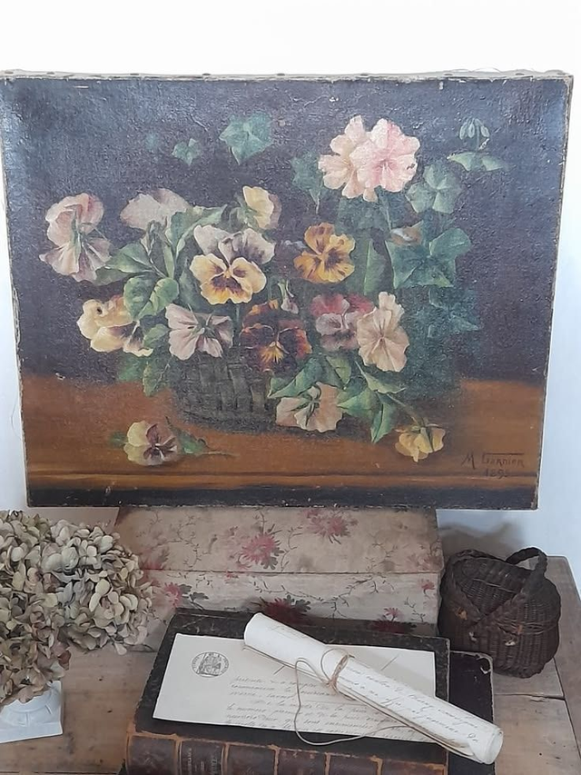 Peinture tableau ancien sur toile panier de fleurs