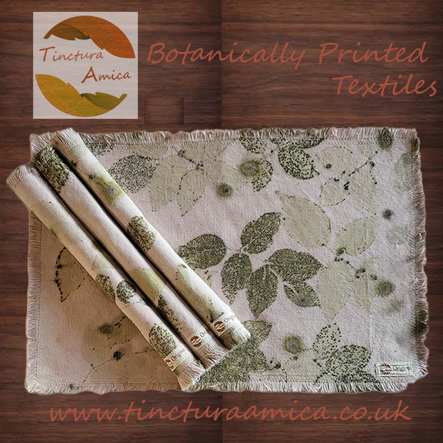 Pale pink 100% Cotton table runner and placemat set - eco printed with rose and oak leaves, wrapped in a madder root blanket