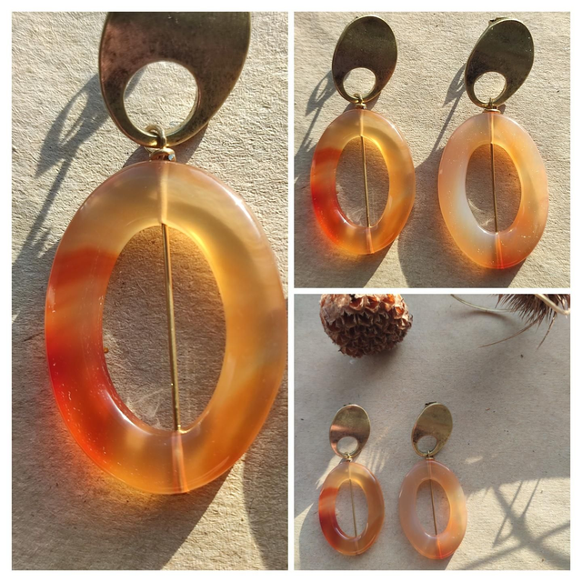 Z-Boucles d&#039;oreilles en agate aux jolis reflets orange,en laiton bronze -sans nickel,pièce unique 