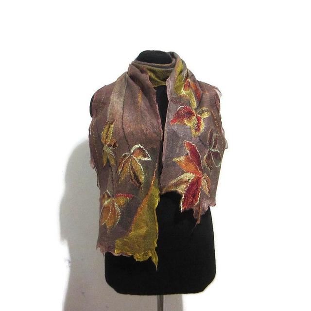 Sciarpa feltro lana merino seta Sciarpa artistica Caldo lunga oro marrone Infeltrimento fatto a mano