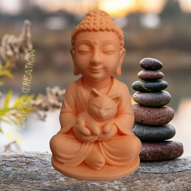 Boudha avec un chat 10 cm