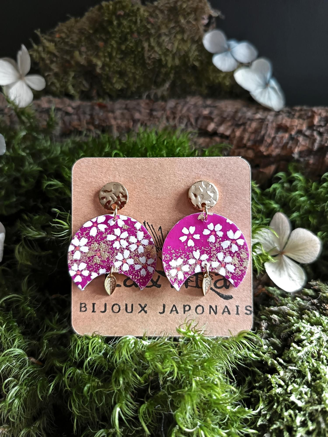 Boucles d'oreilles - puces - papier washi - Sakura - fleurs de cerisier - feuilles - La&amp;Titia 