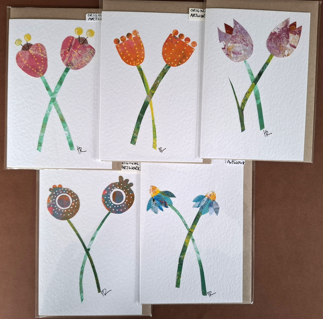 A selection of 5 unique hand-printed cards.