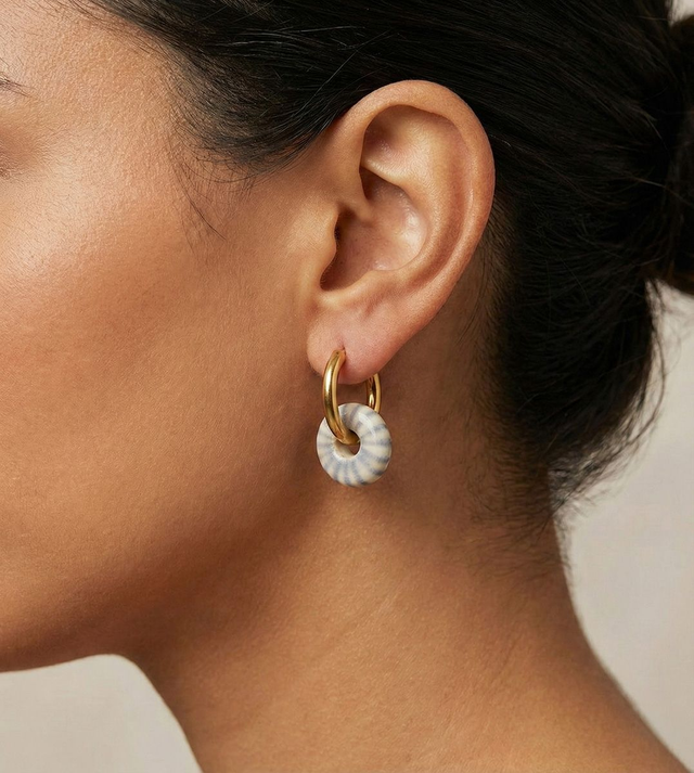 Lavander Blue Stripes Thick Hoop Ceramic Earrings