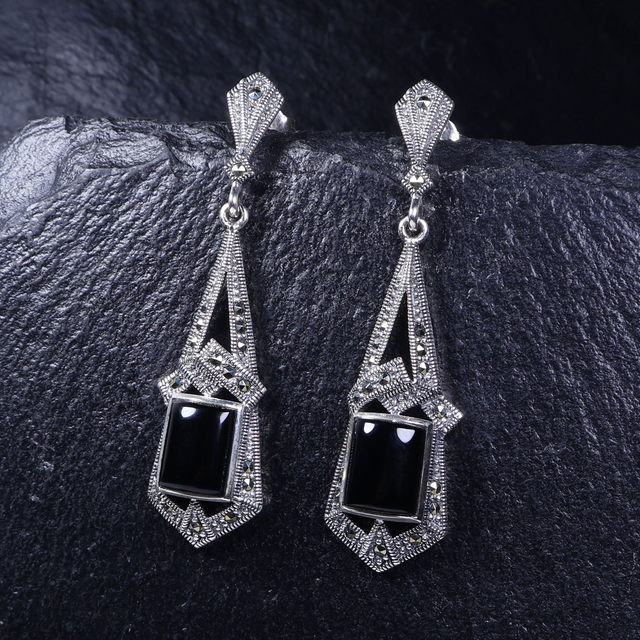 Long Sterling Silver 925 Art Deco Style Rectangular Cabochon Black Onyx Marcasite Gemstone Geometric Kite Arrow Design Drop Dangle Earrings