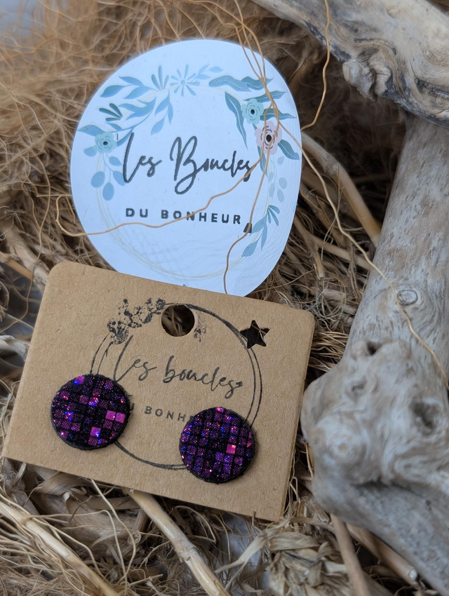 Boucles d'oreilles puces rose noir pu075