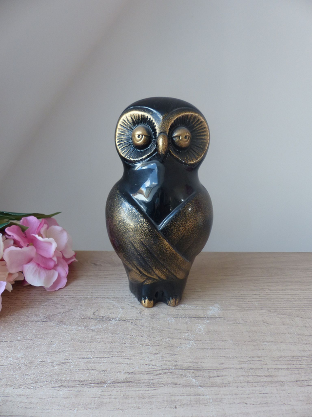 Statue Chouette Zen en Résine Noire et Dorée : Élégante Décoration Intérieure Maison – Original Idéal pour Décorer le Bureau ou Comme Cadeau