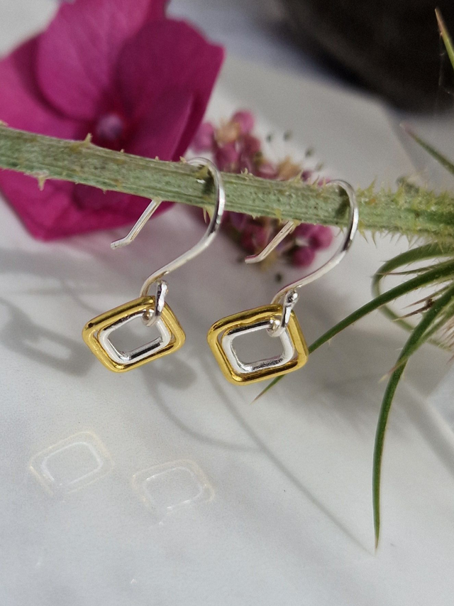 Classic &amp; Simple Square Geometric Design 12mm outer square gold plated 925 Silver earrings (1)