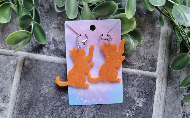 Earrings | Orange Glitter Ginger Cats Reaching | Cat Stainless Steel Hoops or Hooks