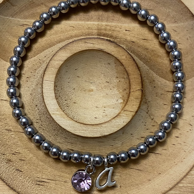 Hematite, faux purple crystal, initial a bracelet 